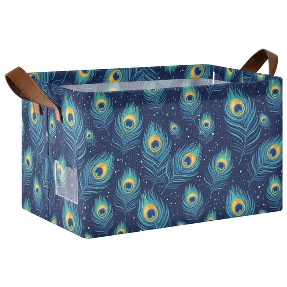 Rectangle Storage Basket with Handles Peacock Bird Feather Pattern Collapsible Storage Bin Large Storage Bins Decorative for Clothes Toys Bedroom