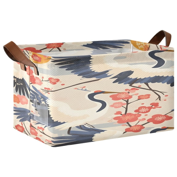 Rectangle Storage Basket with Handles Picture Flower Crane Collapsible Storage Bin Large Storage Bins Decorative for Clothes Toys Bedroom
