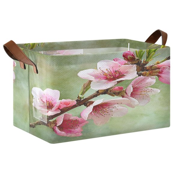 Rectangle Storage Basket with Handles Pink and White Peach Blossoms Collapsible Storage Bin Large Storage Bins Decorative for Clothes Toys Bedroom