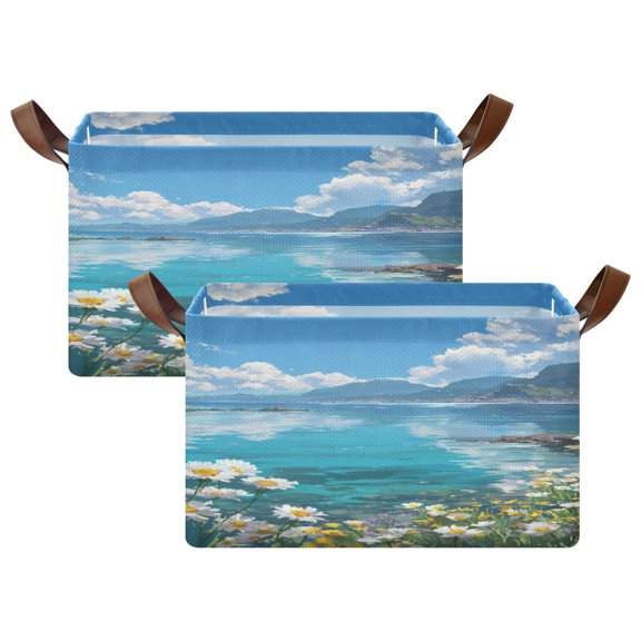Rectangle Storage Basket with Handles Seascape with Sunshine Collapsible Storage Bin Large Storage Bins Decorative for Clothes Toys Bedroom