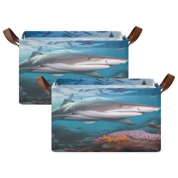 Rectangle Storage Basket with Handles Shark Seagrass Fish Collapsible Storage Bin Large Storage Bins Decorative for Clothes Toys Bedroom