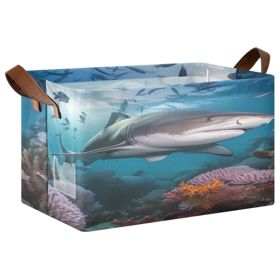 Rectangle Storage Basket with Handles Shark Seagrass Fish Collapsible Storage Bin Large Storage Bins Decorative for Clothes Toys Bedroom