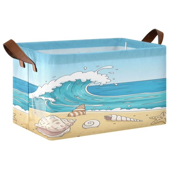 Rectangle Storage Basket with Handles Shells Summer Sandy Beach Collapsible Bin Large Bins Decorative for Clothes Toys Bedroom