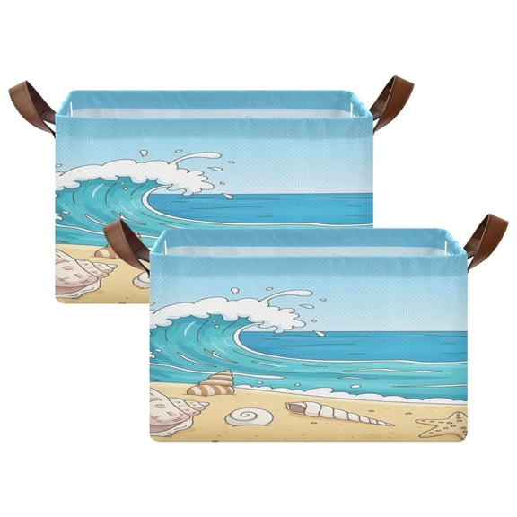 Rectangle Storage Basket with Handles Shells Summer Sandy Beach Collapsible Bin Large Bins Decorative for Clothes Toys Bedroom
