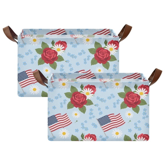 Rectangle Storage Basket with Handles United States Flag Rose Collapsible Storage Bin Large Storage Bins Decorative for Clothes Toys Bedroom