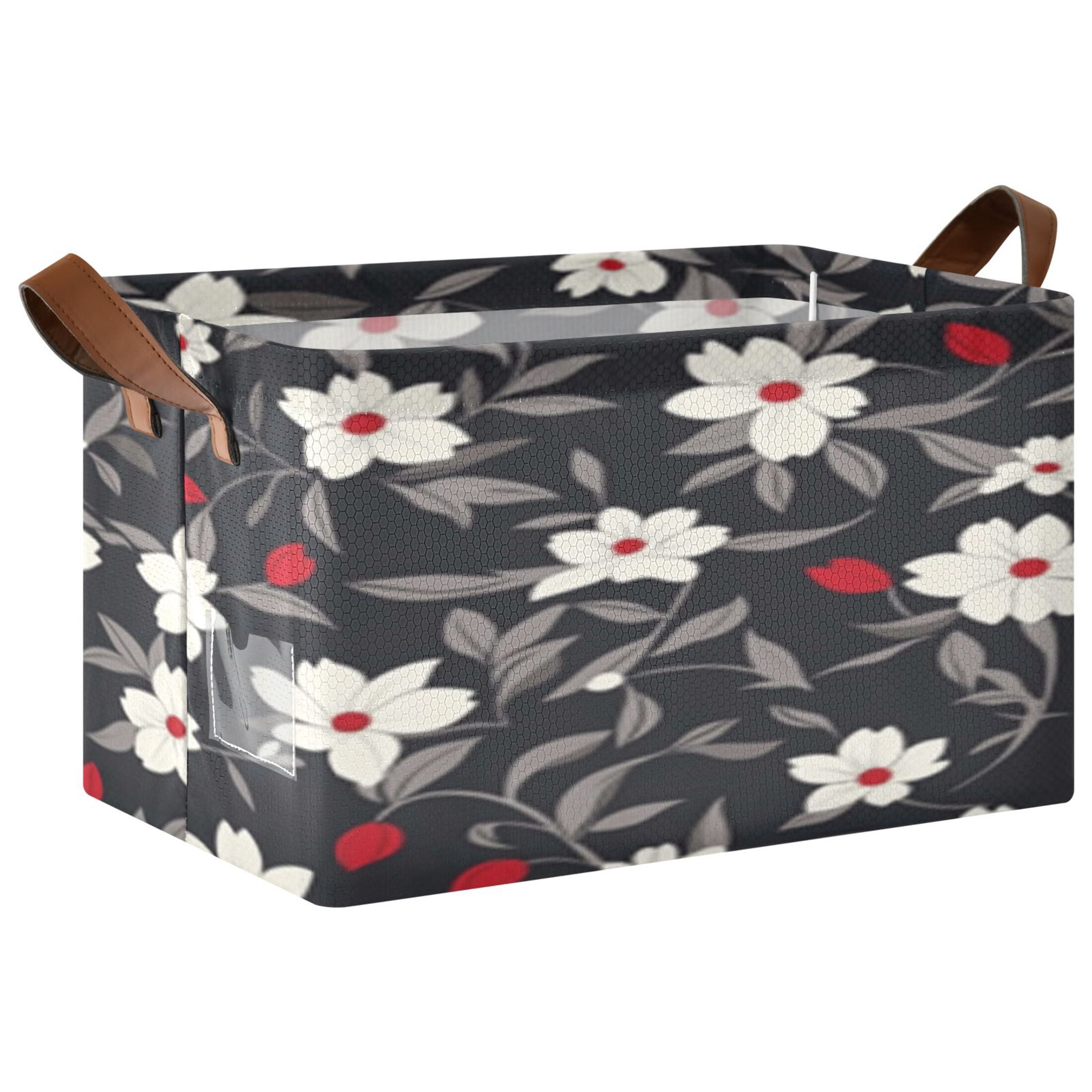 Collapsible Rectangular Case Rectangle Storage Basket with Handles White Flower and Gray Leaf ...
