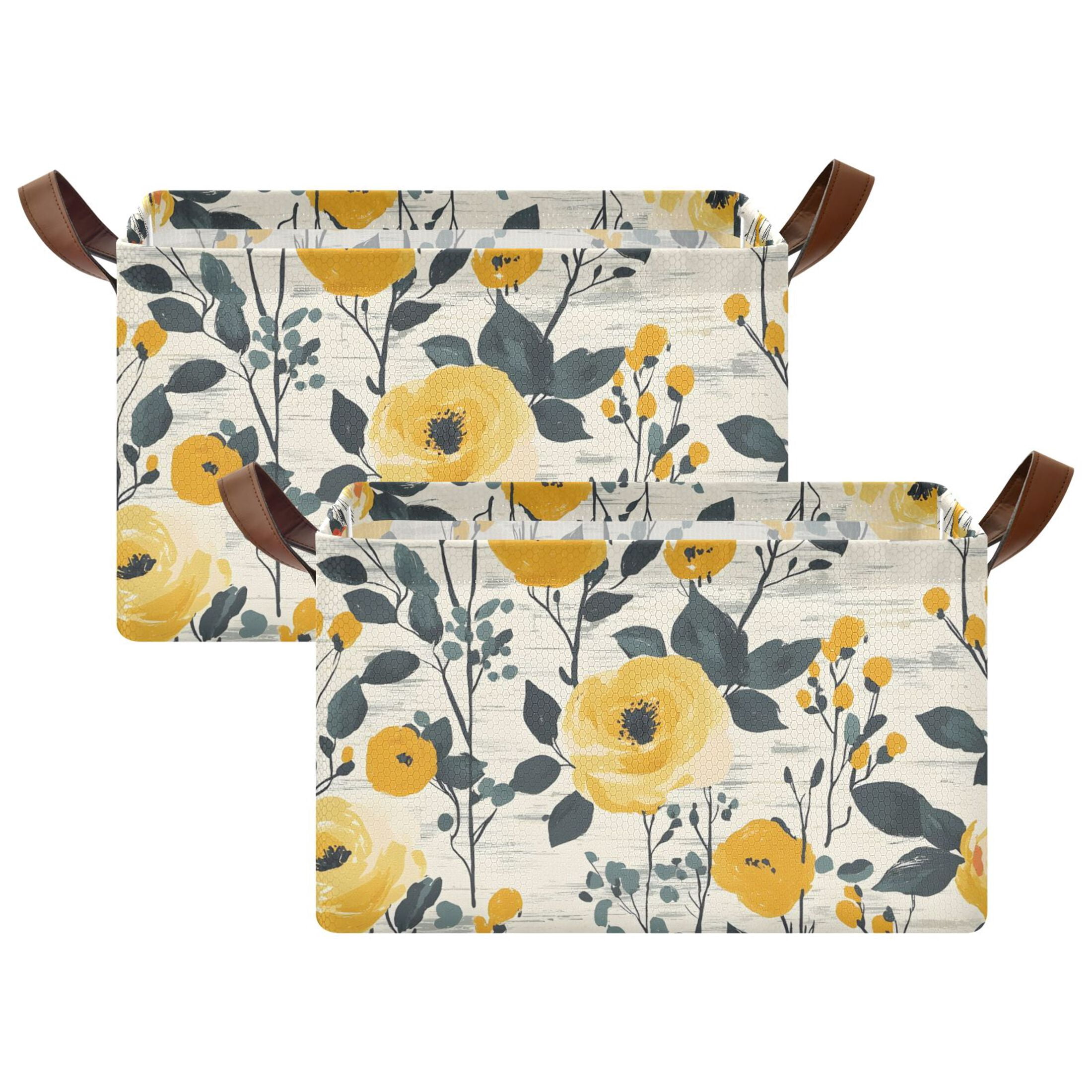 Rectangle Storage Basket with Handles Yellow Orange Flower Collapsible ...