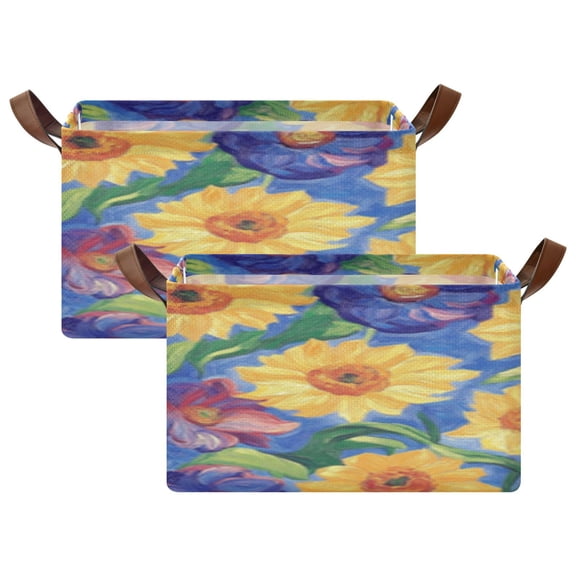 Rectangle Storage Basket with Handles Yellow Purple Sunflower Collapsible Storage Bin Large Storage Bins Decorative for Clothes Toys Bedroom