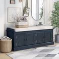 thumbnail image 1 of Rectangle Storage Bench with 4 Doors and Adjustable Shelves, Modern Linen Upholstered Wooden Shoe Bench with Removable Cushion and Round Handles for Living Room Entryway Porch, Antique Navy, 1 of 7