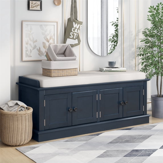 Rectangle Storage Bench with 4 Doors and Adjustable Shelves, Modern Linen Upholstered Wooden Shoe Bench with Removable Cushion and Round Handles for Living Room Entryway Porch, Antique Navy