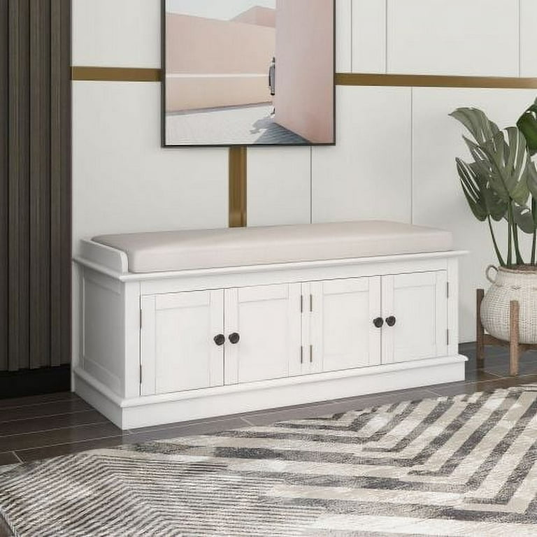 Rectangle Storage Bench with 4 Doors and Adjustable Shelves Modern Linen Upholstered Wooden Shoe Bench with Removable Cushion and Round Handles for