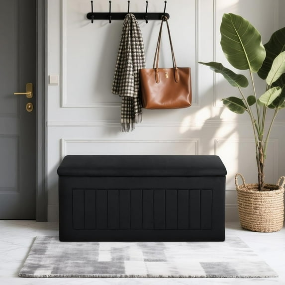 Rectangle Storage Ottoman Bench, Channel Tufted Velvet Upholstered Bedroom Bench End of Bed, Window Seat with Storage for Living Room, Entryway, Black