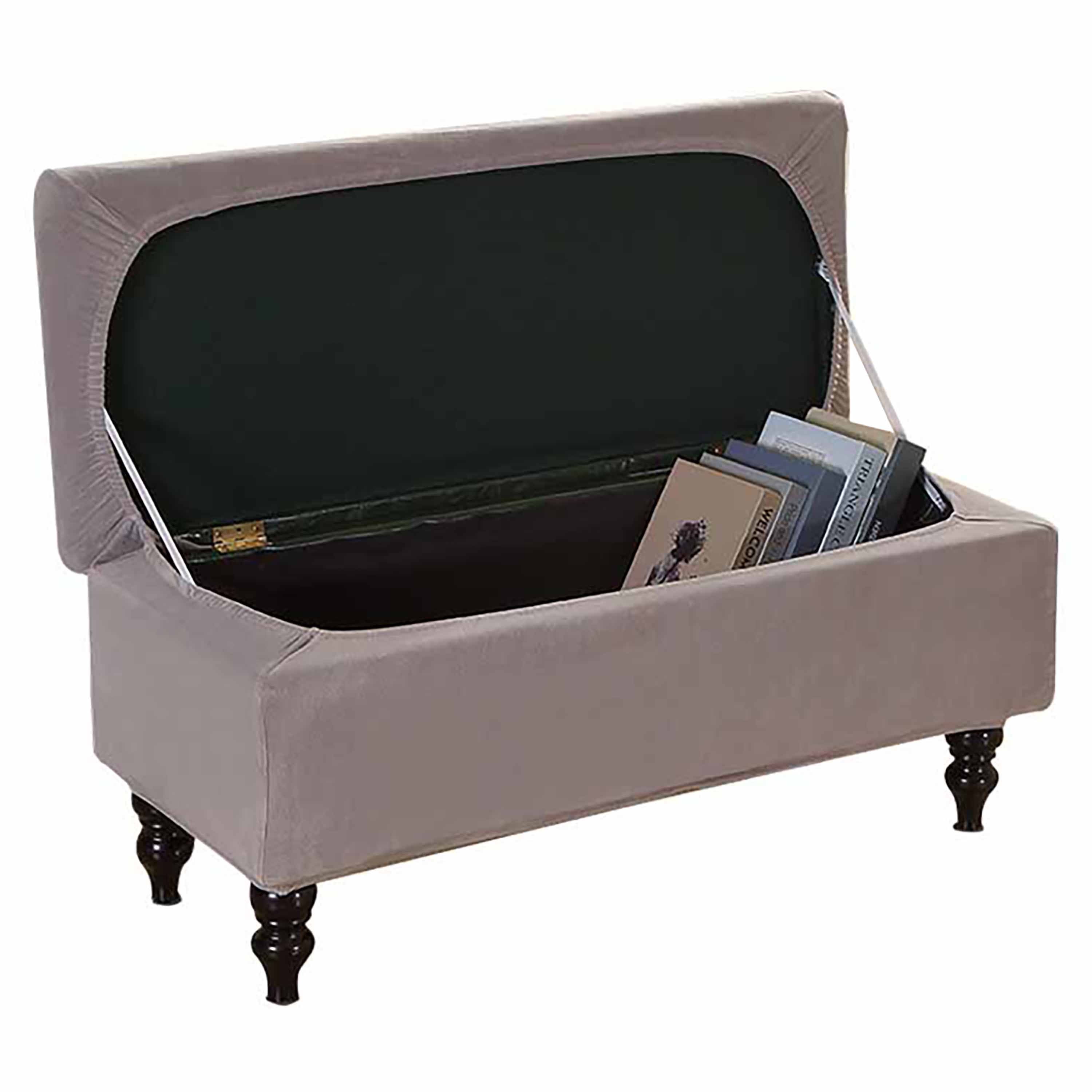 Rectangle Stretch Ottoman Bench Cover,Silver Fox Velvet Storage Ottoman