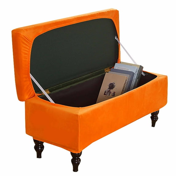 Rectangle Stretch Ottoman Bench Cover,Silver Fox Velvet Storage Ottoman Covers For Bedroom,Dustproof Bench Cushion Covers Washable-Orange-Large