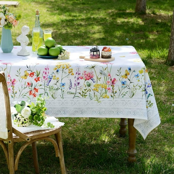Rectangle Summer Tablecloth Printed Flower Vintage Summer Floral Table Cloths for Easter Picnic Outdoor Home Holiday Kitchen (Yellow and Pink Flowers, 60 x 84 Inch)