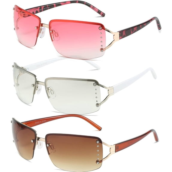 Rectangle Sunglasses for Women,Rimless Shield Wrap Around Sunglasses Trendy Men Fashion Rhinestone Y2K Sun Glasses