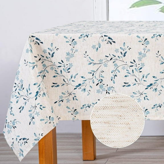 Rectangle Table Cloth 60x84 Inch - Spring Summer Floral Tablecloth, Waterproof Linen Fabric Oblong Table Cloth for Kitchen Dining Tablecloth for 4 Feet Table Blue, Small Blue Flower Design