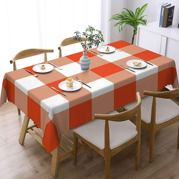 Rectangle Table Cloth, Bright Orange and White Check Plaid Resistant Washable Tablecloth Decorative Table Cover for Dining, Indoor and Outdoor