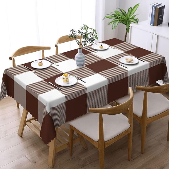 Rectangle Table Cloth, Brown and White Check Plaid Resistant Washable Tablecloth Decorative Table Cover for Dining, Indoor and Outdoor