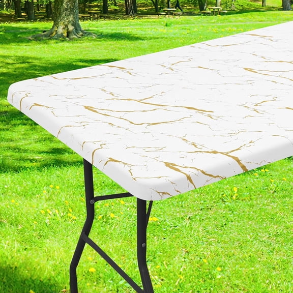 Rectangle Table Cloth Cover, Waterproof Elastic Fitted Picnic Tablecloth for 8 Foot Tables, Wipeable Flannel Backed Vinyl Tablecloths for Camping, Dining, Outdoor (White, 30" x 96")