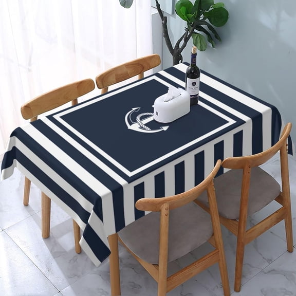 Rectangle Table Cloth, Nautical Anchor Boat Navy Blue Striped Soft Tablecloth Washable Oblong Table Covers Decorative for Kitchen & Table Linens 60" x 84"