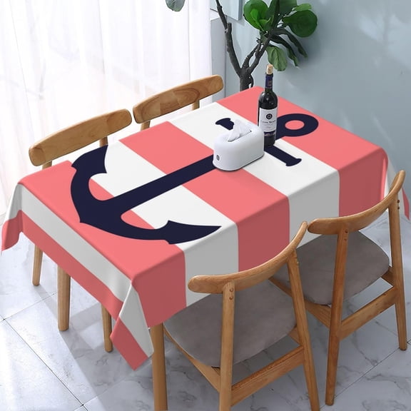 Rectangle Table Cloth, Navy Blue Anchor On Pink Stripes Soft Tablecloth Washable Oblong Table Covers Decorative for Kitchen & Table Linens 60" x 84"