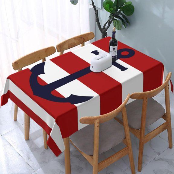 Rectangle Table Cloth, Navy Blue Anchor On Red and White Stripes Soft Tablecloth Washable Oblong Table Covers Decorative for Kitchen & Table Linens 60" x 84"