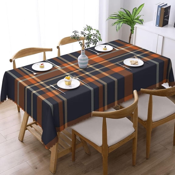 Rectangle Table Cloth, Navy Blue and Orange Plaid Resistant Washable Tablecloth Decorative Table Cover for Dining, Indoor and Outdoor