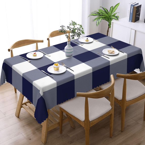 Rectangle Table Cloth, Navy Blue and White Check Plaid Resistant Washable Tablecloth Decorative Table Cover for Dining, Indoor and Outdoor