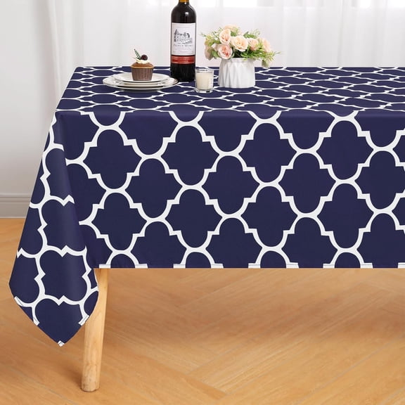 Rectangle Table Cloth, Waterproof Stain Resistant Washable Tablecloth, Moroccan Polyester Table Cover for Dining, Indoor and Outdoor (Navy Blue and White, 60" x 102")