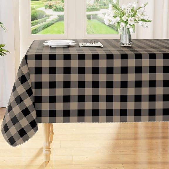 Rectangle Table Cloth, Waterproof Vinyl Tablecloths with Polyester Backing, Wipeable Buffalo Plaid Table Cover for Dining, Indoor and Outdoor (Black & Khaki, 60"x84")