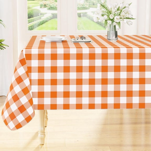 Rectangle Table Cloth, Waterproof Vinyl Tablecloths with Polyester Backing, Wipeable Buffalo Plaid Table Cover for Dining, Indoor and Outdoor (Orange & White, 60"x84")