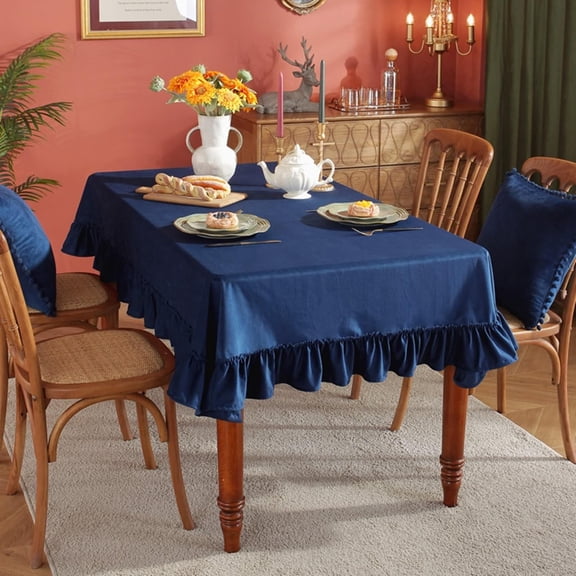 Rectangle Table Cloths Outdoor 140*200cm, Table Cloths Navy Blue Solid Color with Ruffle Polyester Outdoor Tablecloth for Table