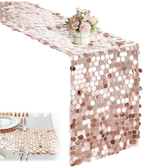 Rectangle Table Runner,11.8"x9Ft Reusable Sequin Table Runner for Engagement,QZS Portable Party Decorations for Holiday Celebration,Rose Gold