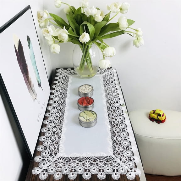Rectangle Table Runner White Embroidered Lace  Wedding Dining Table Dresser Scarf with Carnation Lace Fabric Washable for Kitchen Coffee End