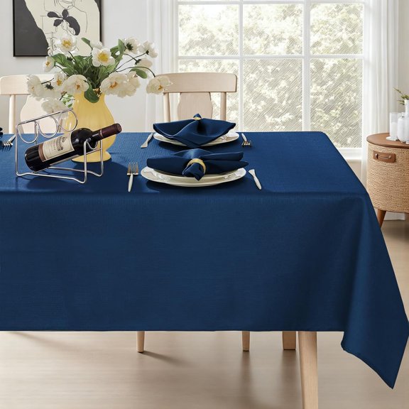 Rectangle Tablecloth 52 x 70 Inch Navy Blue Tablecloth | Faux Linen Textured, Washable, Water Resistant & Wrinkle Free Cover for Dinners, Buffet, Parties, Indoor & Outdoor