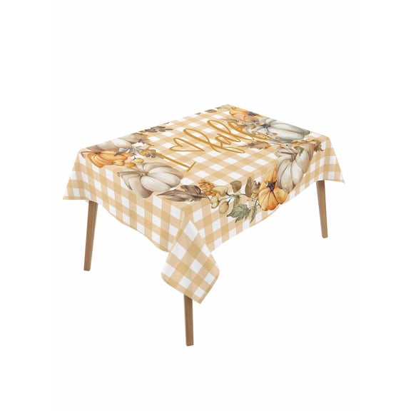 Rectangle Tablecloth 52 x 70 Inches Fall Thanksgiving Brown Pumpkins Garland Brown White Plaid Waterproof Table Cloth Decorative Fabric Table Cover for Dinning/Party/Buffet/Banquet