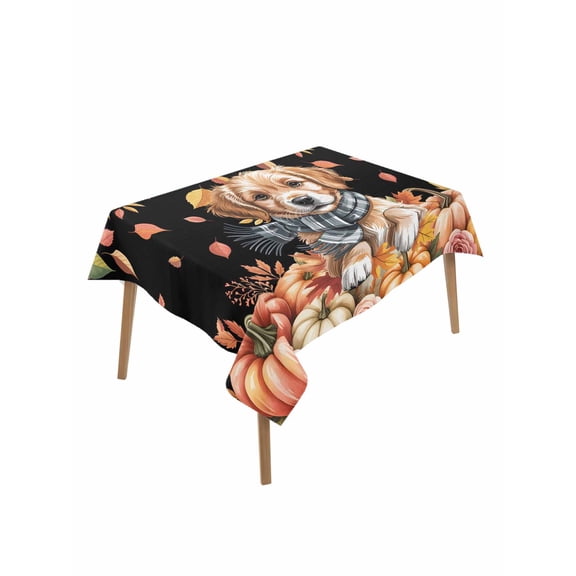 Rectangle Tablecloth 52 x 70 Inches Fall Thanksgiving Dog Pumpkins Flowers Waterproof & Stain Resistance Table Cloth Decorative Fabric Table Cover for Dinning/Party/Buffet/Banquet