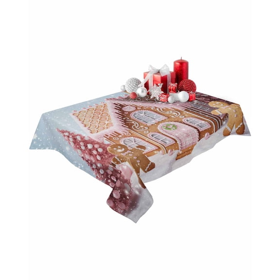 Rectangle Tablecloth 52 x 70 Inches Gingerbread House Pink Christmas Trees Waterproof & Stain Resistance Table Cloth Decorative Fabric Table Cover for Dinning/Party/Buffet/Banquet