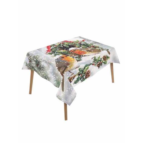 Rectangle Tablecloth 52 x 70 Inches Winter Christmas Robin Pine Holly Leaves Snowflake Branches Waterproof Table Cloth Decorative Fabric Table Cover for Dinning/Party/Buffet/Banquet