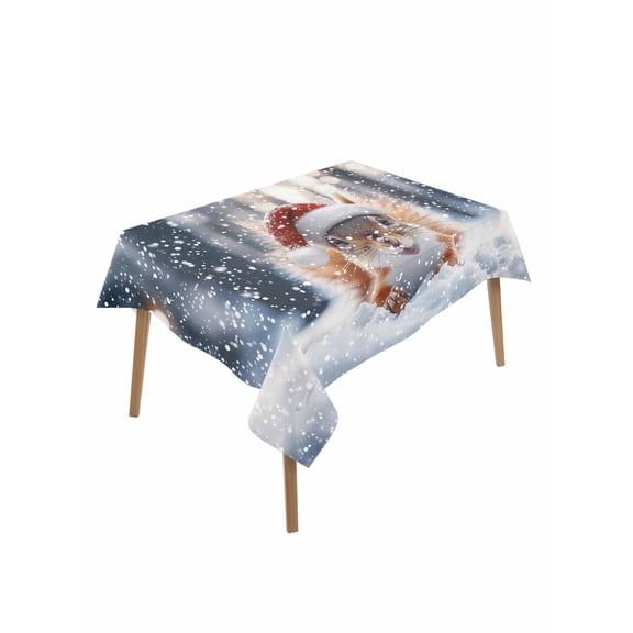 Rectangle Tablecloth 52 x 70 Inches Winter Christmas Squirrel Snowfield Pine Trees Waterproof & Stain Resistance Table Cloth Decorative Fabric Table Cover for Dinning/Party/Buffet/Banquet