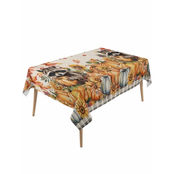 Rectangle Tablecloth 54 x 108 Inches Autumn Thanksgiving Raccoon Leaves Plaid Waterproof & Stain Resistance Table Cloth Decorative Fabric Table Cover for Dinning/Party/Buffet/Banquet