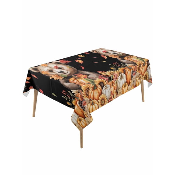 Rectangle Tablecloth 54 x 108 Inches Fall Thanksgiving Bear Pumpkins Maple Leaves Waterproof & Stain Resistance Table Cloth Decorative Fabric Table Cover for Dinning/Party/Buffet/Banquet