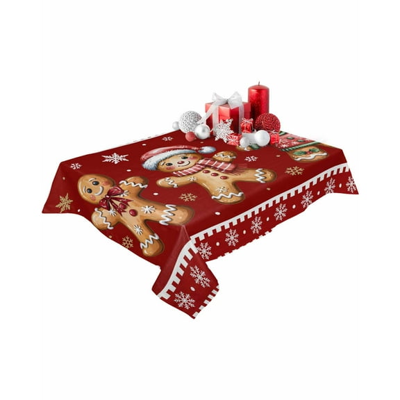 Rectangle Tablecloth 60 x 102 Inches Christmas Gingerbread Man Snowflakes Waterproof & Stain Resistance Table Cloth Decorative Fabric Table Cover for Dinning/Party/Buffet/Banquet