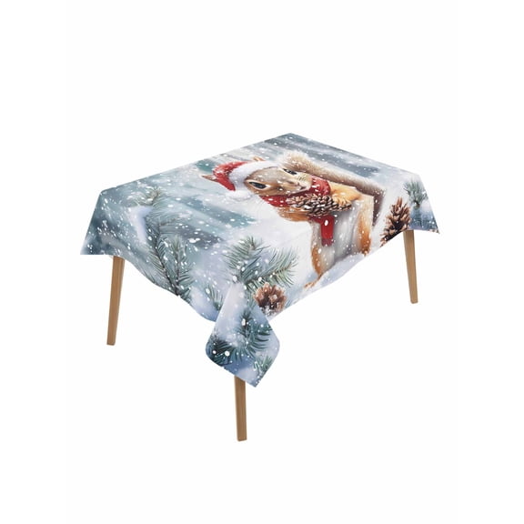 Rectangle Tablecloth 60 x 102 Inches Winter Christmas Squirrel Pine Leaves Snowflake Waterproof & Stain Resistance Table Cloth Decorative Fabric Table Cover for Dinning/Party/Buffet/Banquet