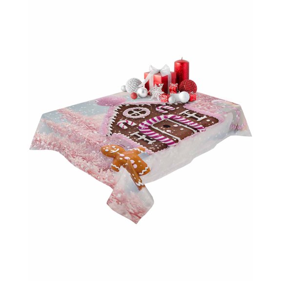 Rectangle Tablecloth 60 x 102 Inches Winter Pink Christmas Trees Gingerbread House Waterproof & Stain Resistance Table Cloth Decorative Fabric Table Cover for Dinning/Party/Buffet/Banquet