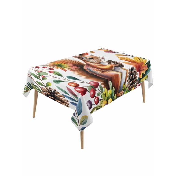 Rectangle Tablecloth 60 x 120 Inches Autumn Thanksgiving Squirrel Maple Leaf Waterproof & Stain Resistance Table Cloth Decorative Fabric Table Cover for Dinning/Party/Buffet/Banquet