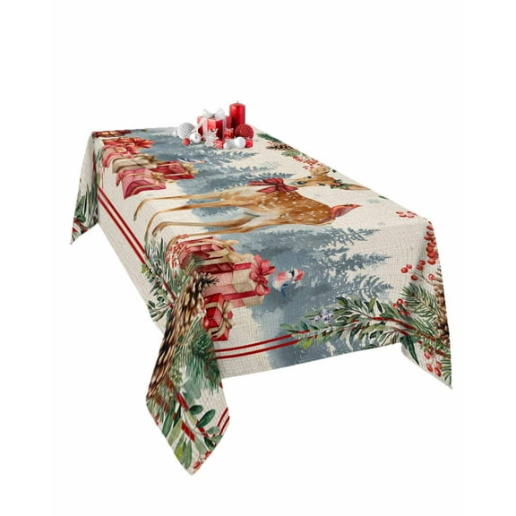 Rectangle Tablecloth 60 x 120 Inches Christmas Deer Snowflakes Pine Trees Linen Waterproof & Stain Resistance Table Cloth Decorative Fabric Table Cover for Dinning/Party/Buffet/Banquet