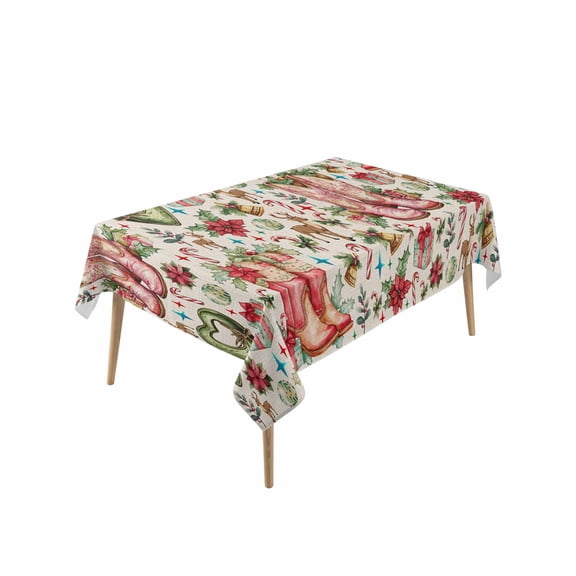 Rectangle Tablecloth 60 x 120 Inches Christmas Pink Boots Green Heart Poinsettia Western Style Waterproof Table Cloth Decorative Fabric Table Cover for Dinning/Party/Buffet/Banquet