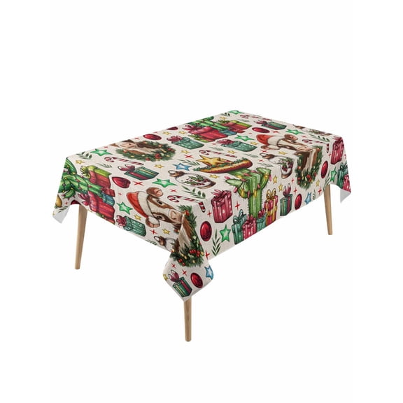 Rectangle Tablecloth 60 x 120 Inches Western Cow Cactus Candy Cane Christmas Balls Beige Linen Waterproof Table Cloth Decorative Fabric Table Cover for Dinning/Party/Buffet/Banquet